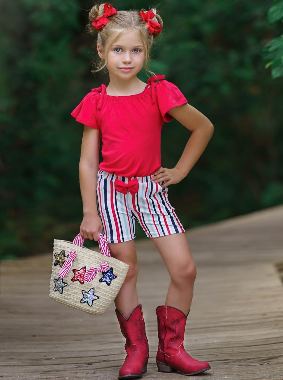 Toddler Spring Outfits | Girls Cold Shoulder Top & Striped Shorts Set