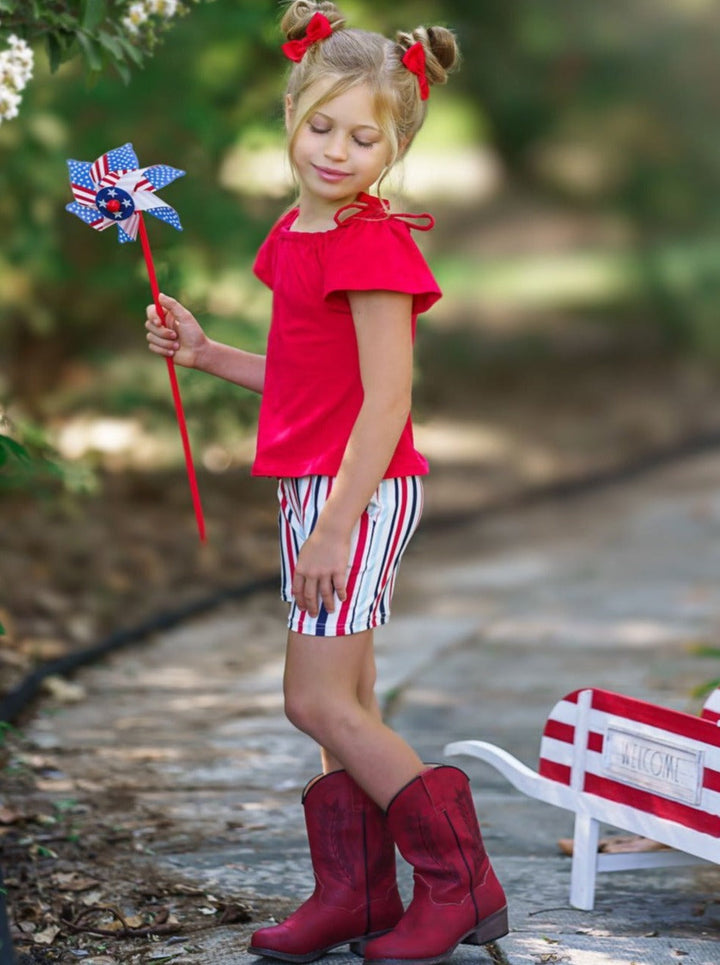 Toddler Spring Outfits | Girls Cold Shoulder Top & Striped Shorts Set