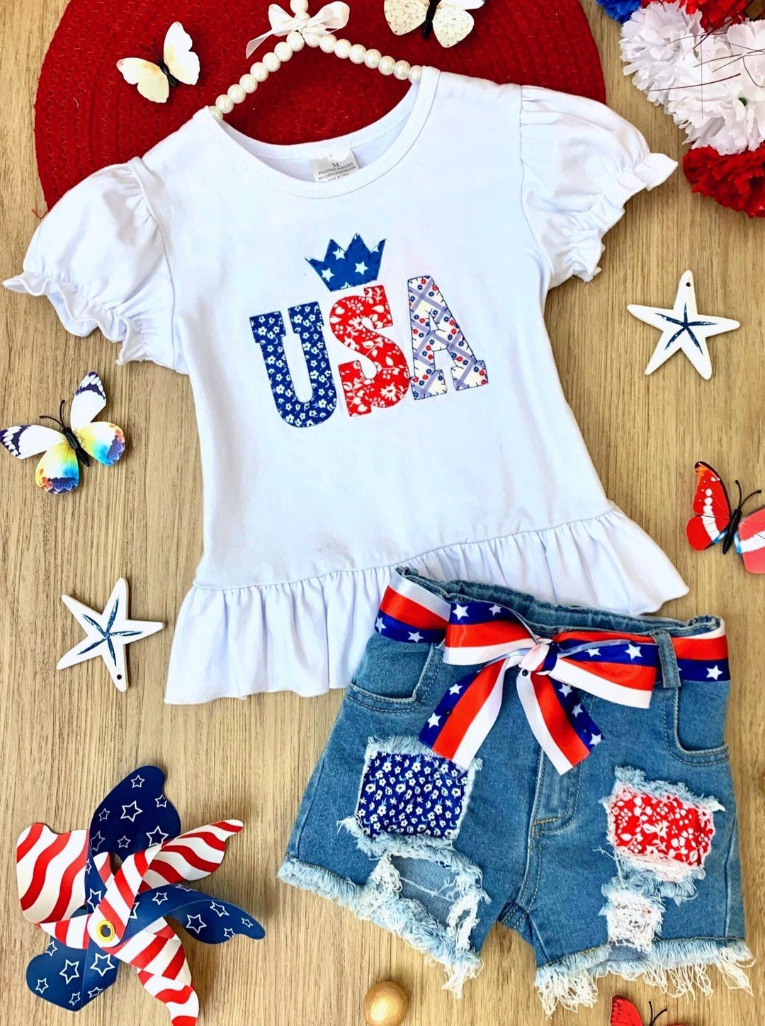 Girls 4th of July Outfits | USA Sequin Top & Patched Denim Shorts Set