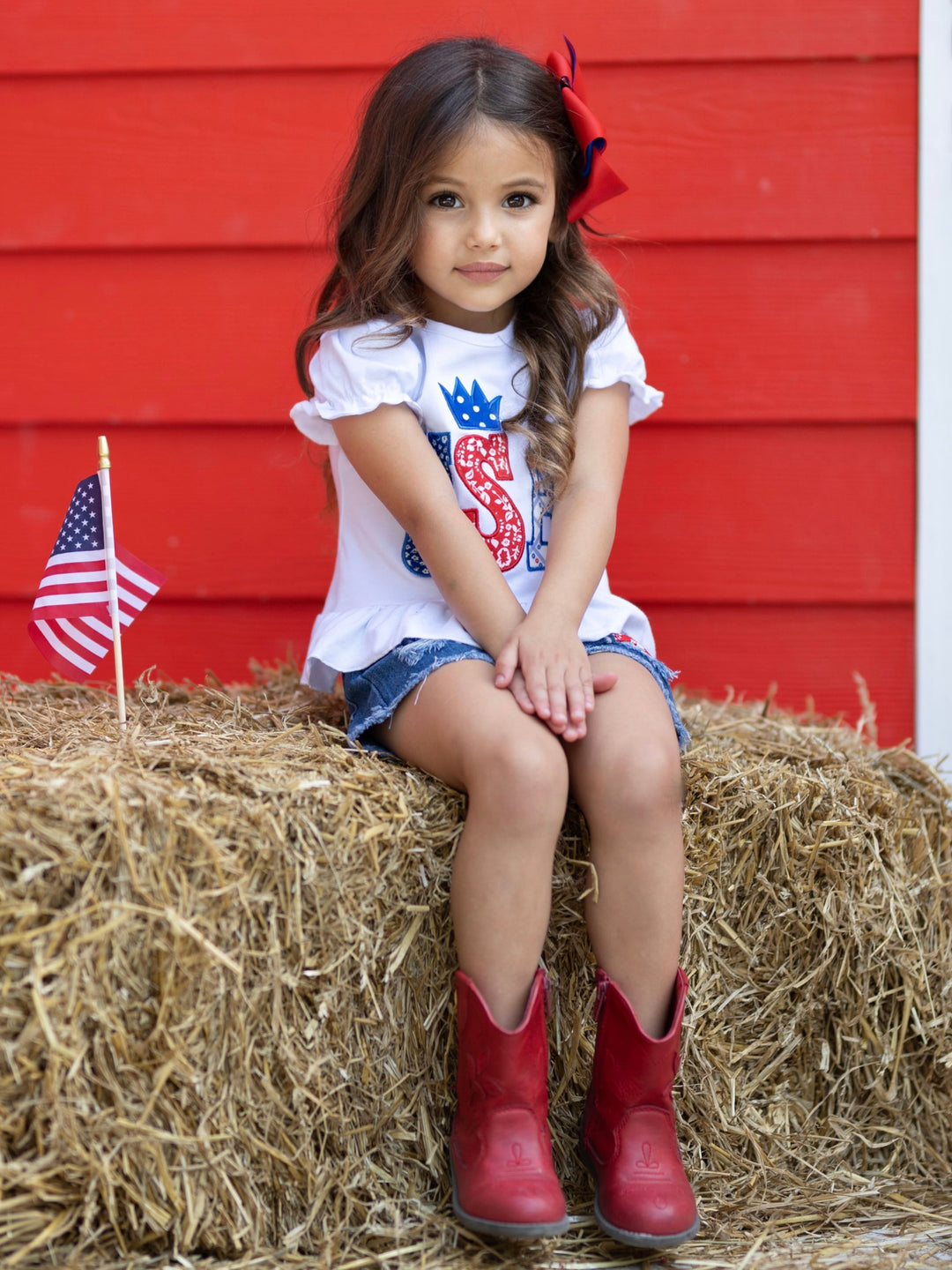 Girls 4th of July Outfits | USA Sequin Top & Patched Denim Shorts Set