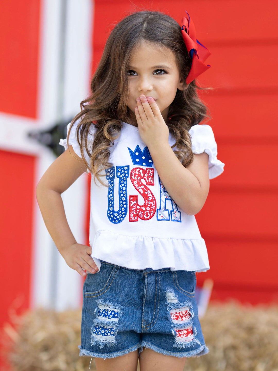 Girls 4th of July Outfits | USA Sequin Top & Patched Denim Shorts Set