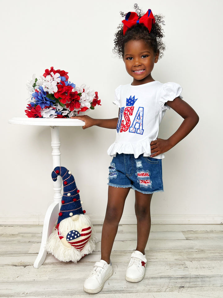 Girls 4th of July Outfits | USA Sequin Top & Patched Denim Shorts Set