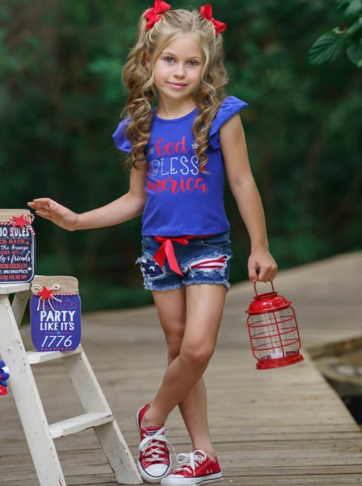 Girls 4th of July Outfits | God Bless America Top & Denim Shorts Set