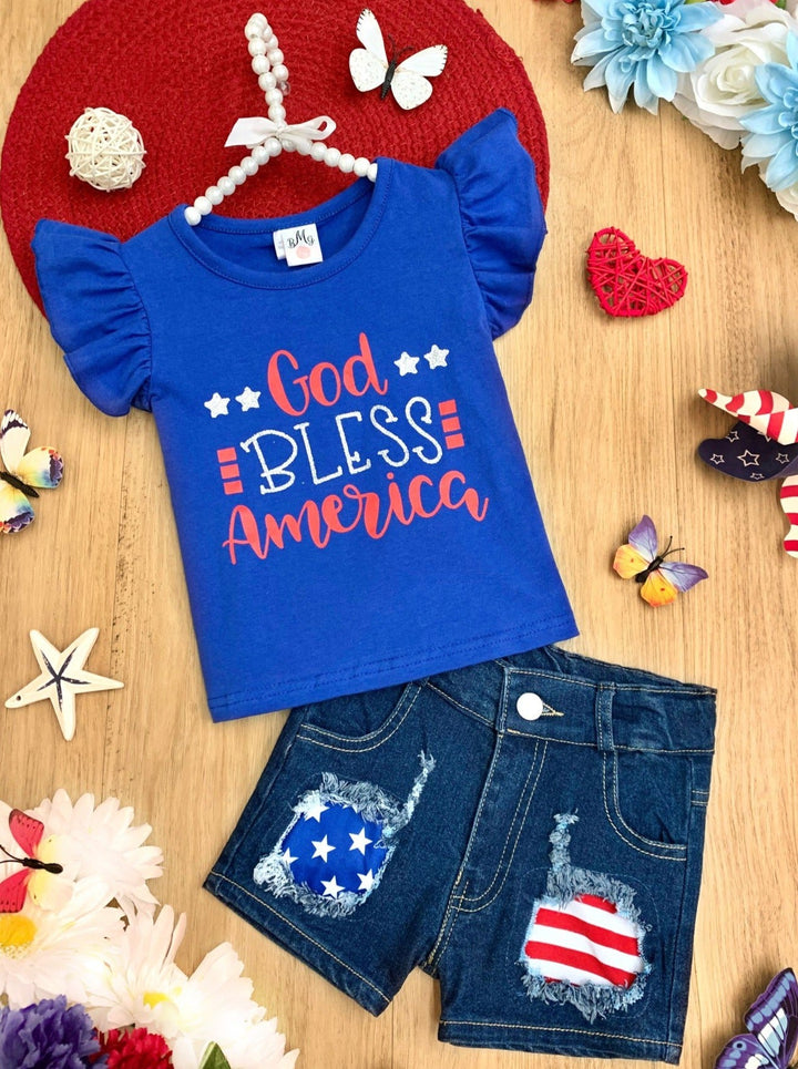 Girls 4th of July Outfits | God Bless America Top & Denim Shorts Set