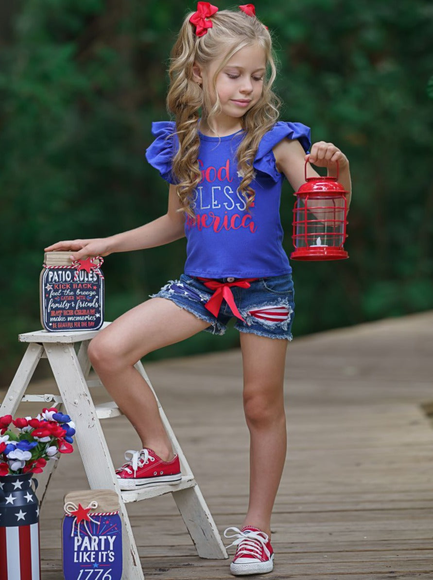 Girls 4th of July Outfits | God Bless America Top & Denim Shorts Set