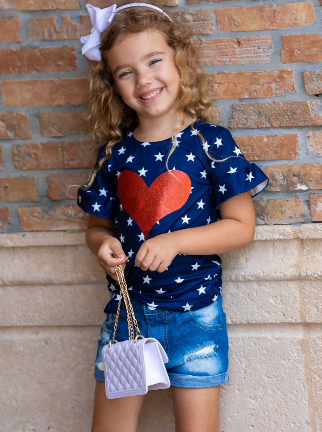 Kids 4th of July Outfits | Girls Glitter Heart Top & Denim Shorts Set