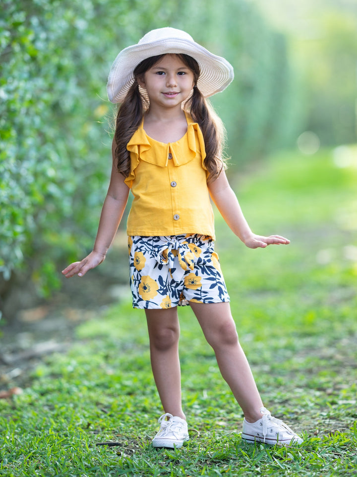 Spring Outfit | Girls Ruffle Tank Top & Paperbag Belted Shorts Set