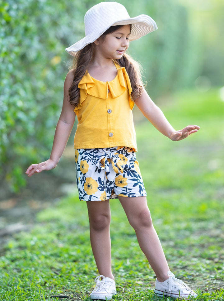 Spring Outfit | Girls Ruffle Tank Top & Paperbag Belted Shorts Set