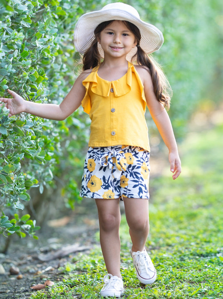 Spring Outfit | Girls Ruffle Tank Top & Paperbag Belted Shorts Set