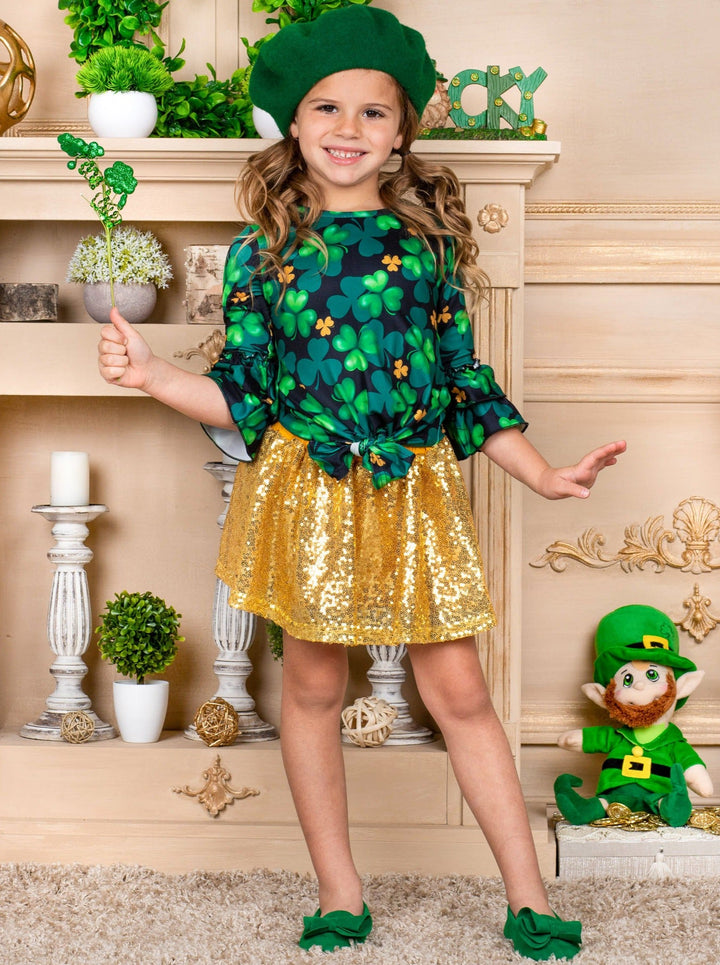 St. Patrick's Day Clothes | Girls Knot Hem Top & Sequin Skirt Set