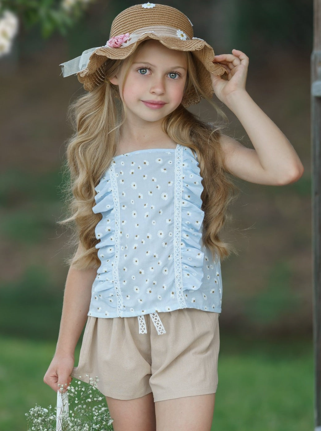 Girls Cute Spring Outfits | Eyelet Ruffle Top & Paperbag Shorts Set