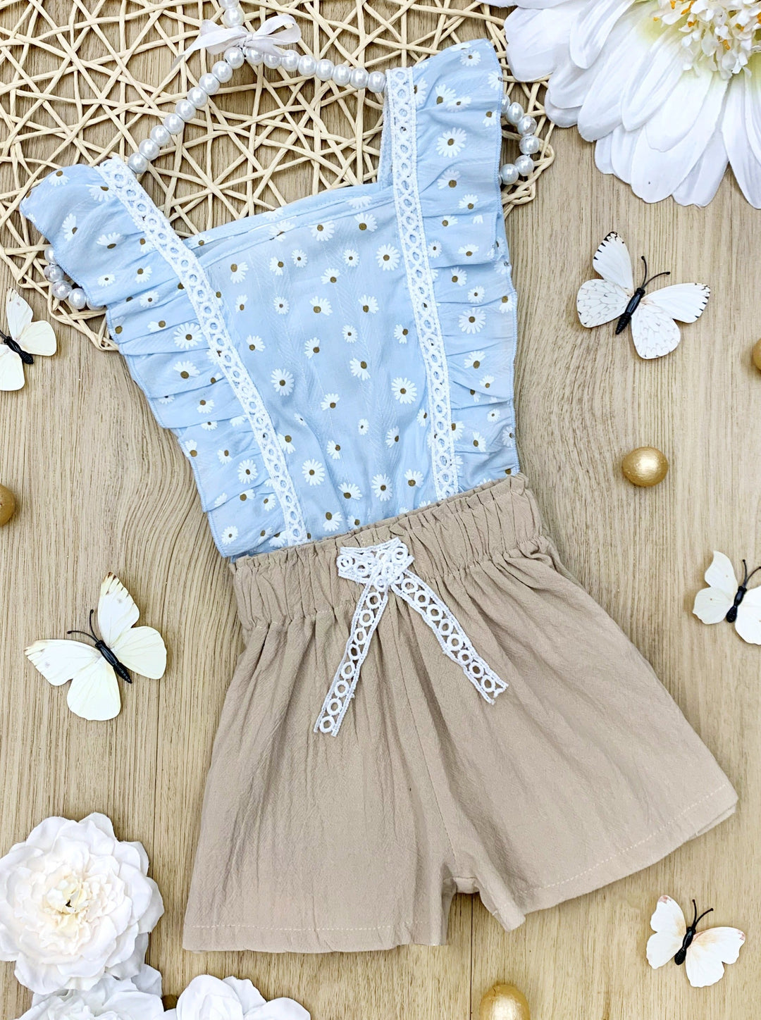 Girls Cute Spring Outfits | Eyelet Ruffle Top & Paperbag Shorts Set