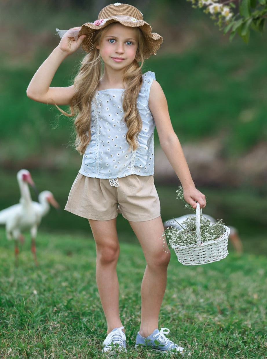 Girls Cute Spring Outfits | Eyelet Ruffle Top & Paperbag Shorts Set