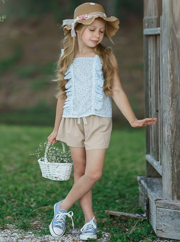 Girls Cute Spring Outfits | Eyelet Ruffle Top & Paperbag Shorts Set