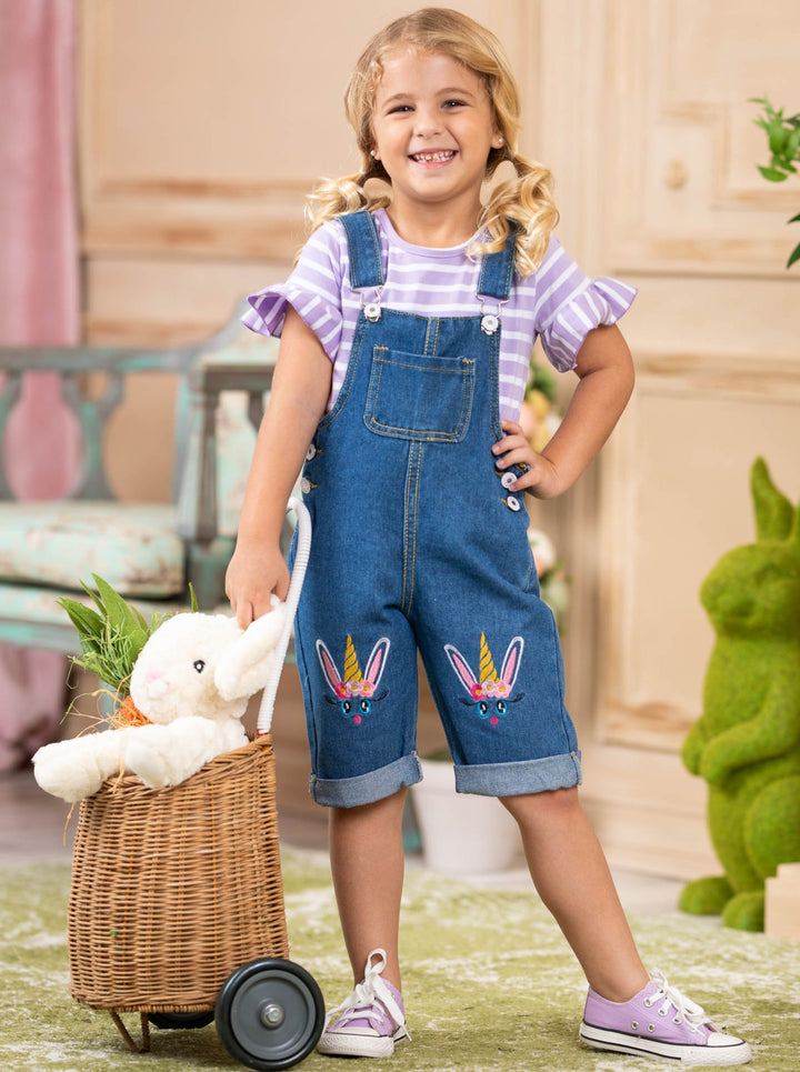 Girls Easter striped top with ruffled short sleeves and denim overall capris with unicorn bunny embroidery 2T-10Y