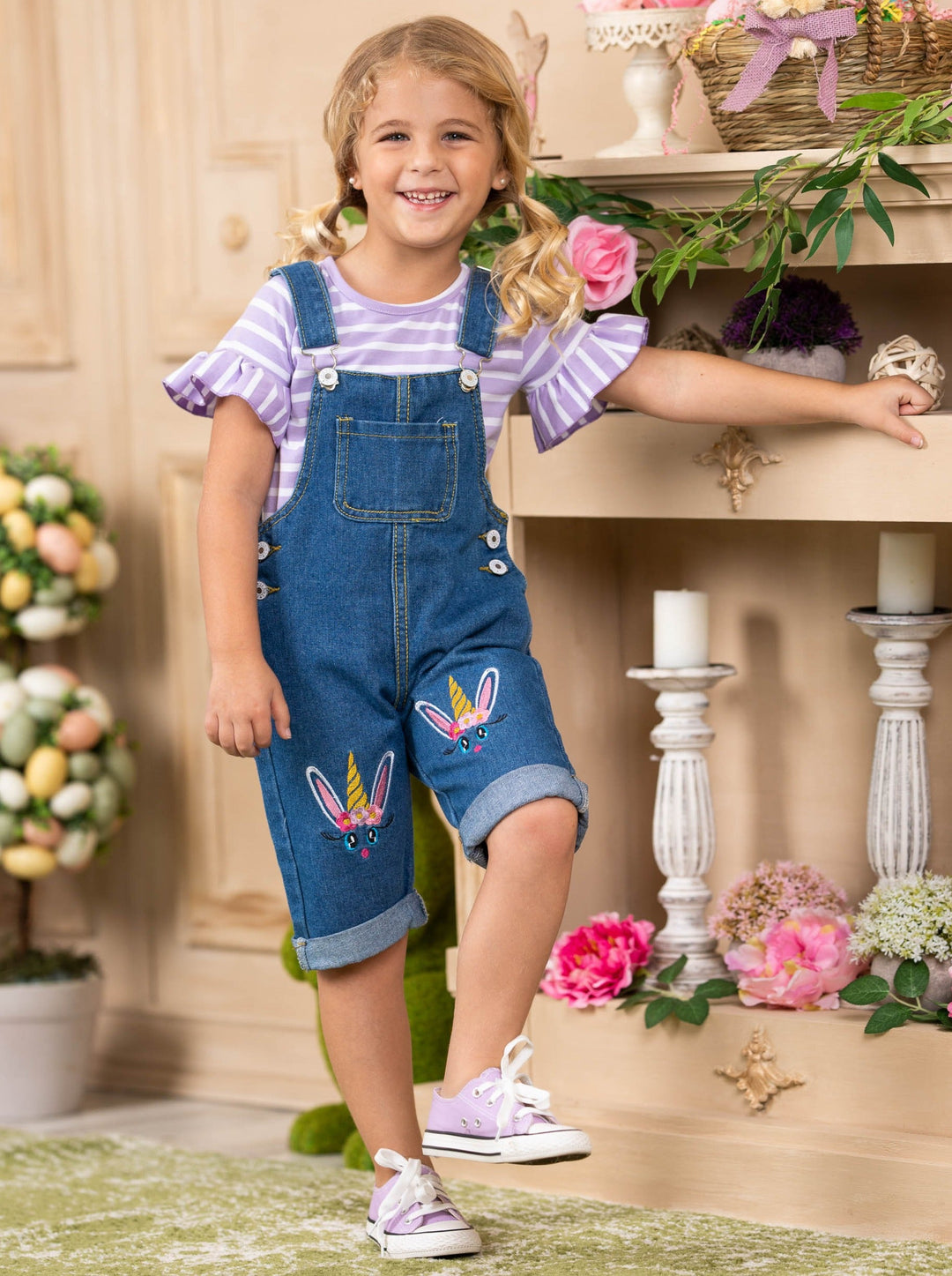 Girls Easter striped top with ruffled short sleeves and denim overall capris with unicorn bunny embroidery 2T-10Y