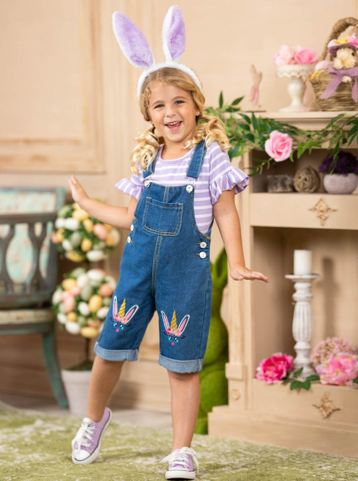 Girls Easter striped top with ruffled short sleeves and denim overall capris with unicorn bunny embroidery 2T-10Y