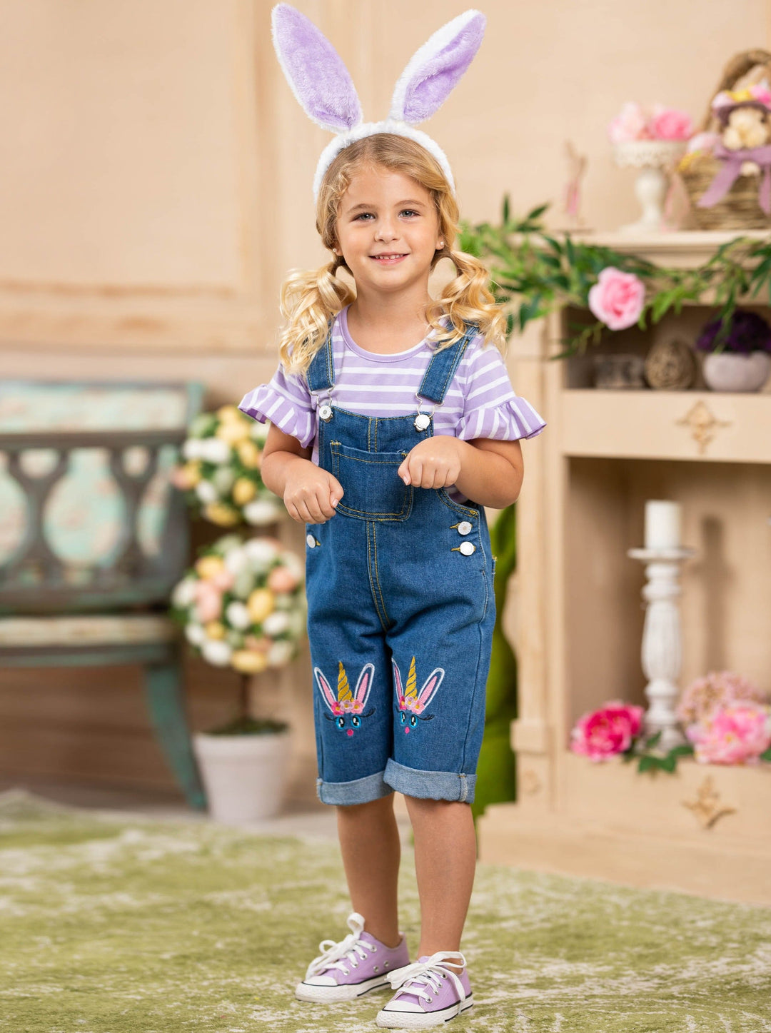 Girls Easter striped top with ruffled short sleeves and denim overall capris with unicorn bunny embroidery 2T-10Y