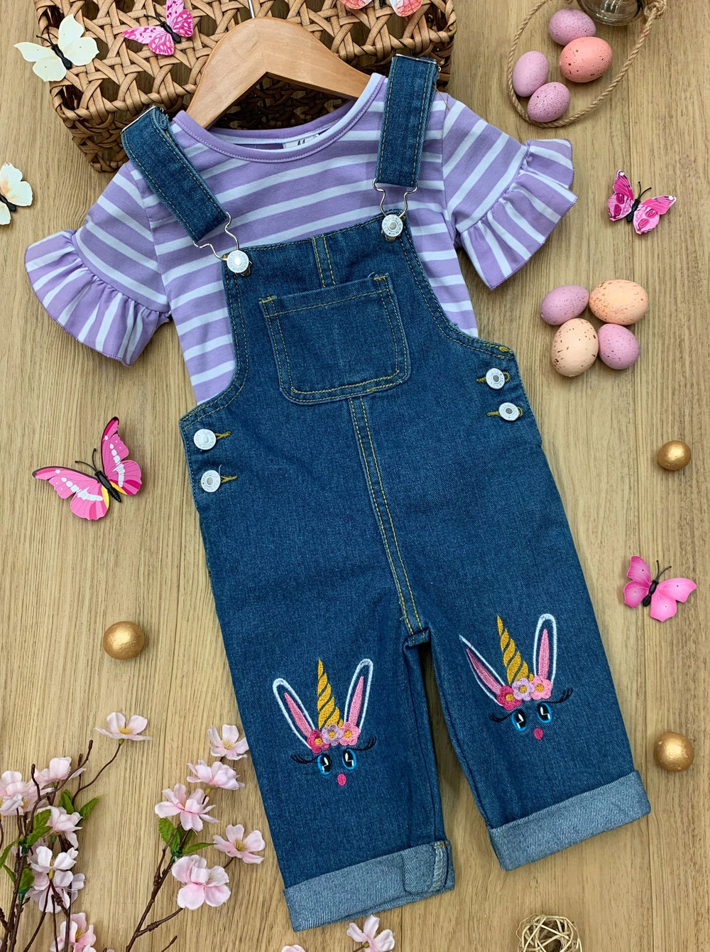 Girls Easter striped top with ruffled short sleeves and denim overall capris with unicorn bunny embroidery 2T-10Y