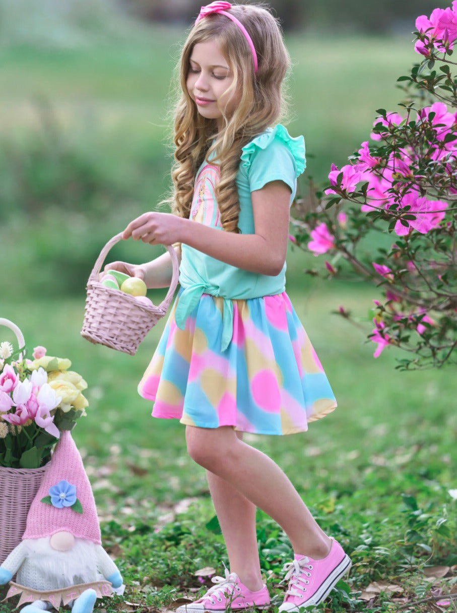 Girls Posh Rainbow Bunny Knot Hem Top and Skirt Set