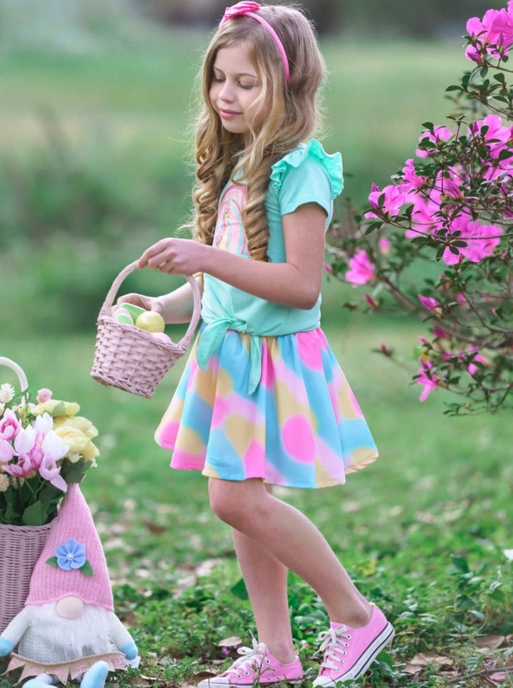 Girls Posh Rainbow Bunny Knot Hem Top and Skirt Set