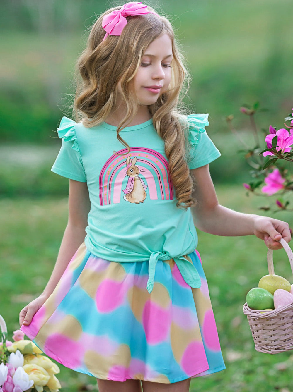 Girls Posh Rainbow Bunny Knot Hem Top and Skirt Set