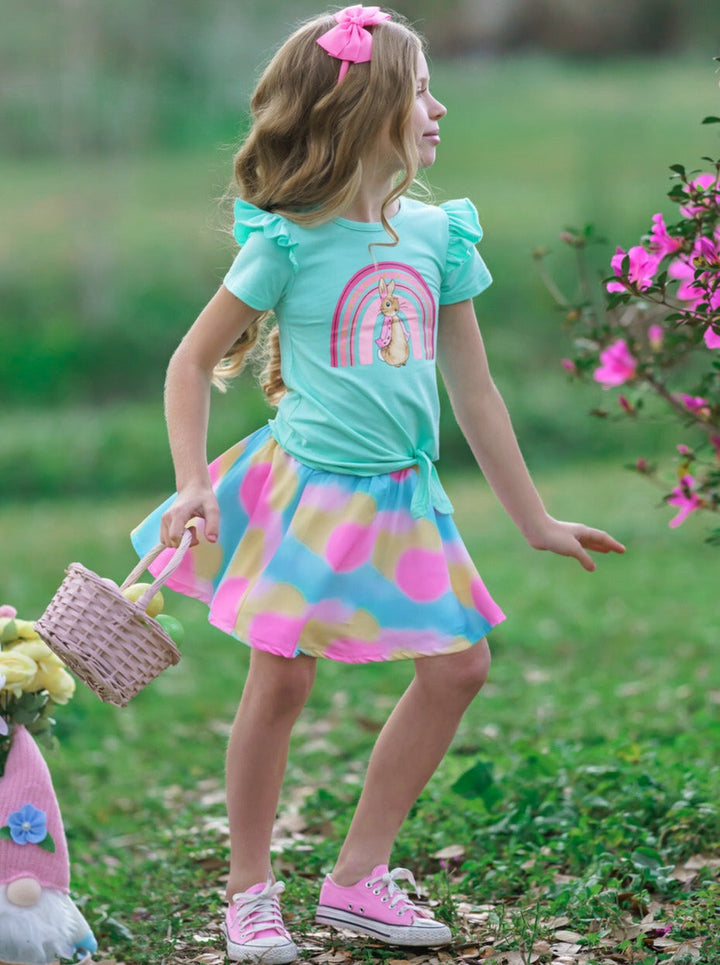 Girls Posh Rainbow Bunny Knot Hem Top and Skirt Set