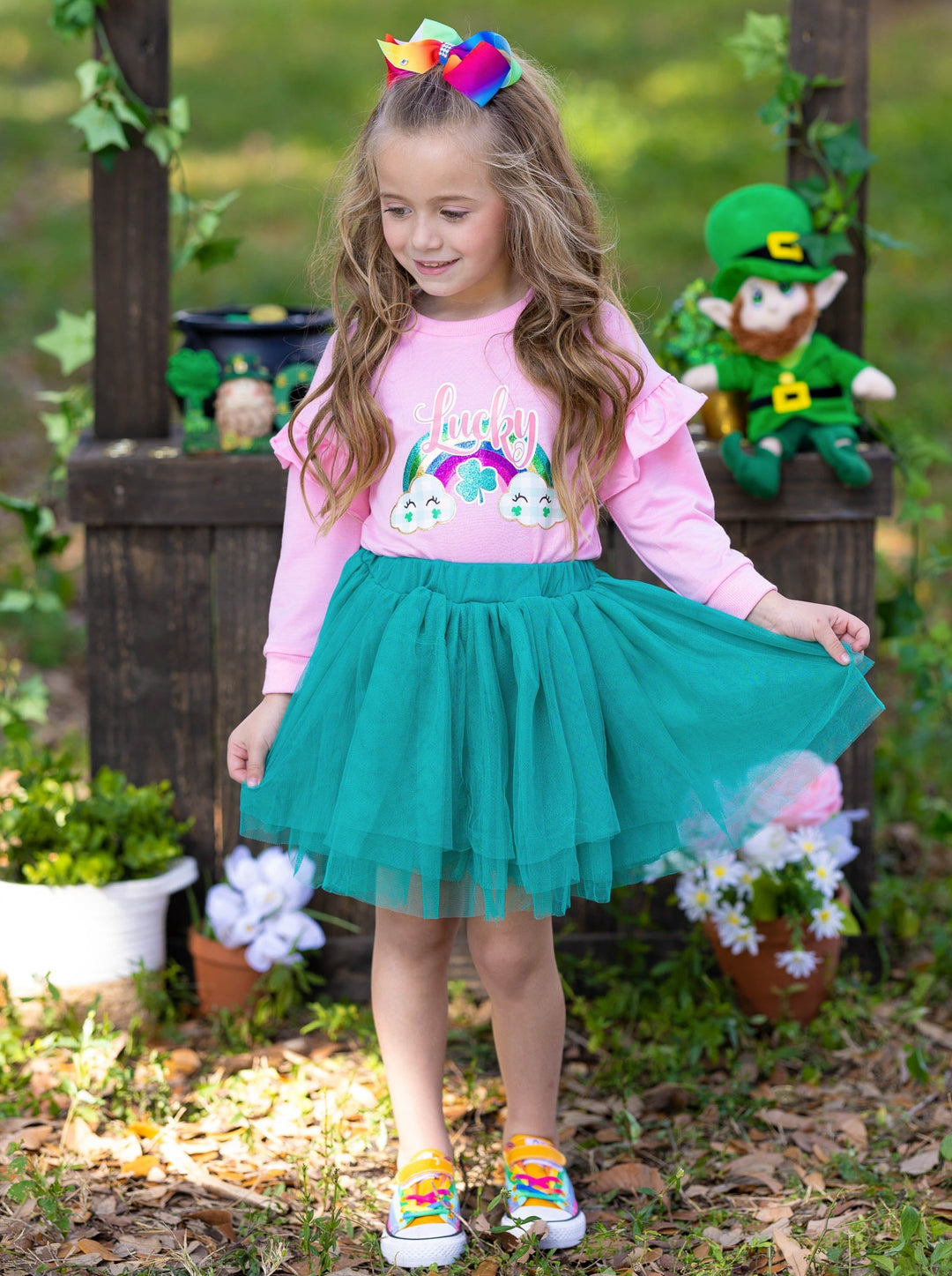 St. Patrick's Day Clothes | Girls Lucky Rainbow Ruffle Top & Tutu Set