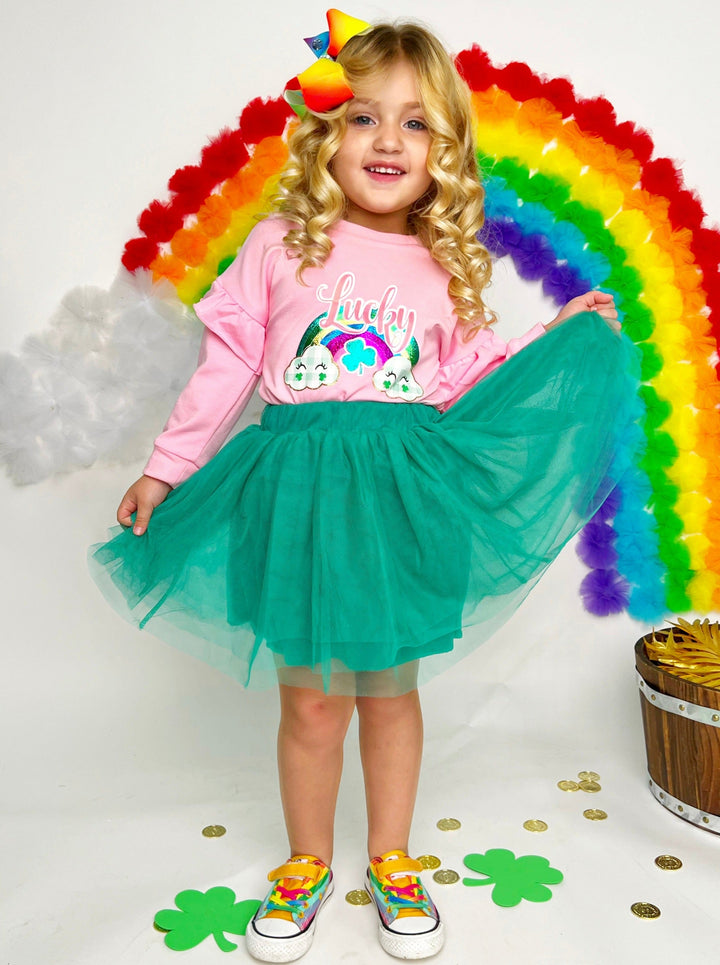 St. Patrick's Day Clothes | Girls Lucky Rainbow Ruffle Top & Tutu Set