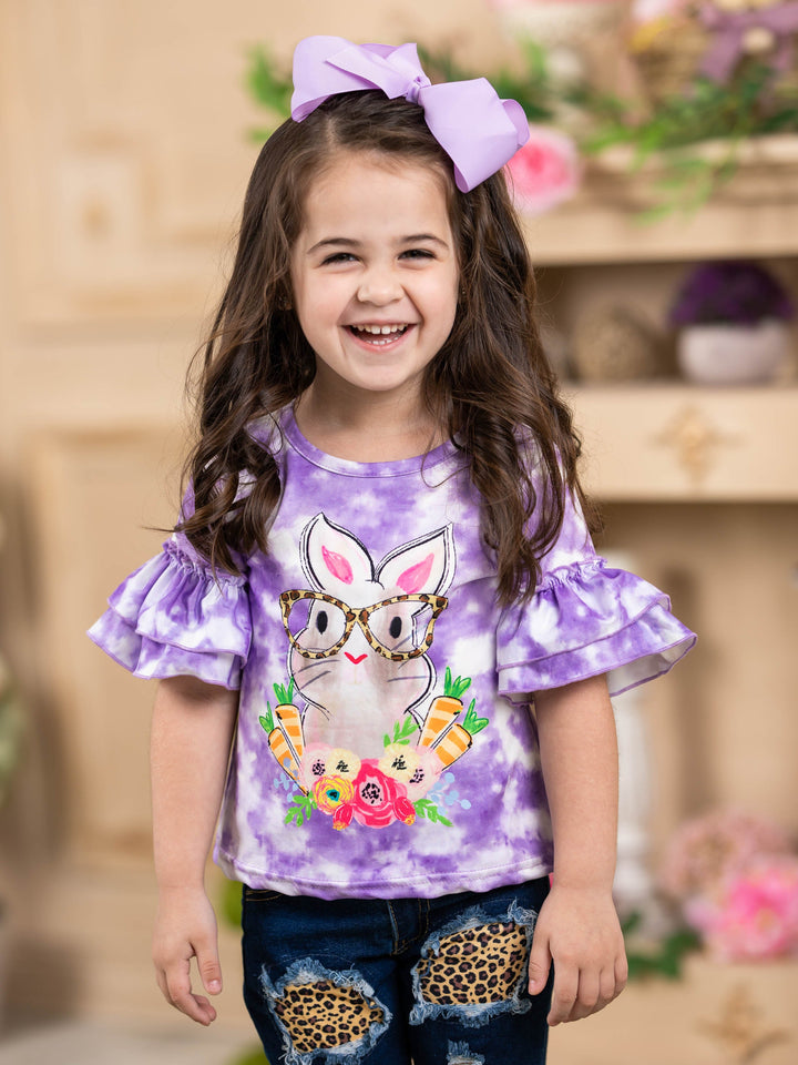 Girls Easter-themed set features a purple tie-dye top with bunny graphic and leopard print patched jeans with sash for 2T to 10Y toddlers and girls