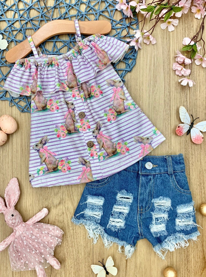 Girls Easter striped cold-shoulder top with faux buttons and bunny print and distressed denim shorts 2T-10Y for toddlers and girls