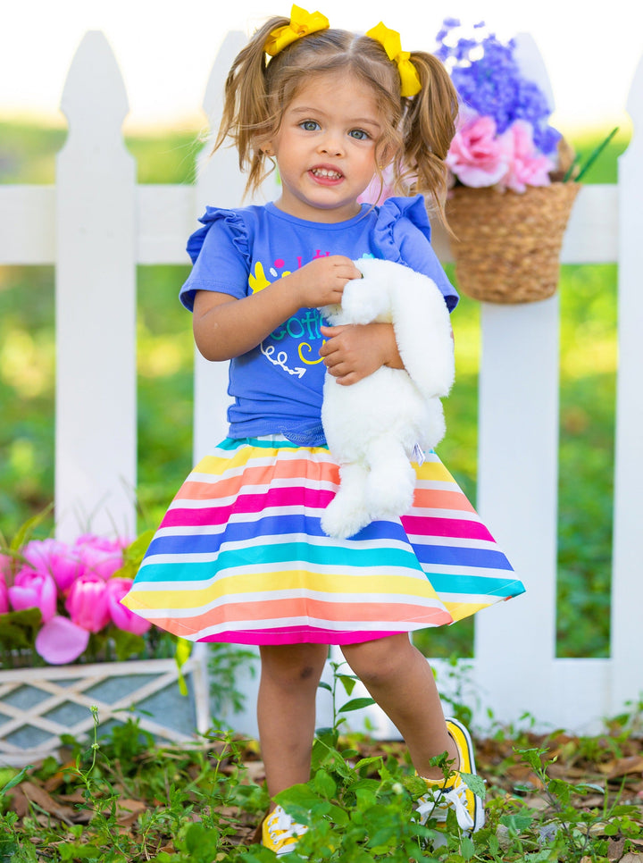 girls easter blue knot-hem top with "Little Miss Cotton Tail" print and a rainbow skirt 2T-10Y