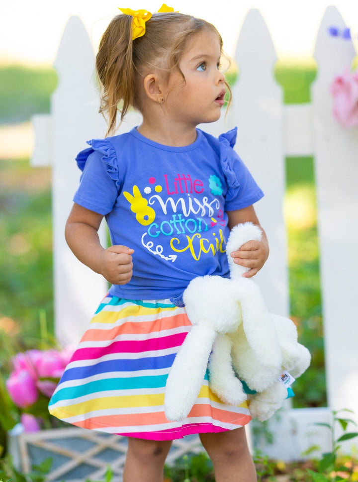 girls easter blue knot-hem top with "Little Miss Cotton Tail" print and a rainbow skirt 2T-10Y