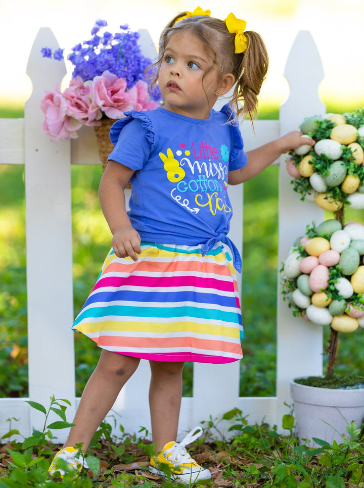 girls easter blue knot-hem top with "Little Miss Cotton Tail" print and a rainbow skirt 2T-10Y