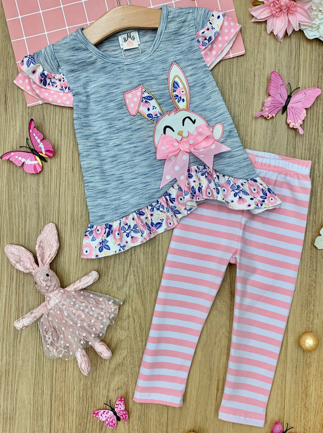 Mia Belle Girls Bunny Top and Striped Legging Set | Easter Casual Set