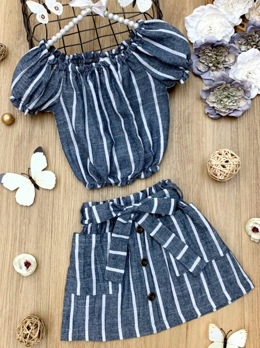 Toddler Spring Outfits | Girls Striped Puff Sleeve Top & Skirt Set