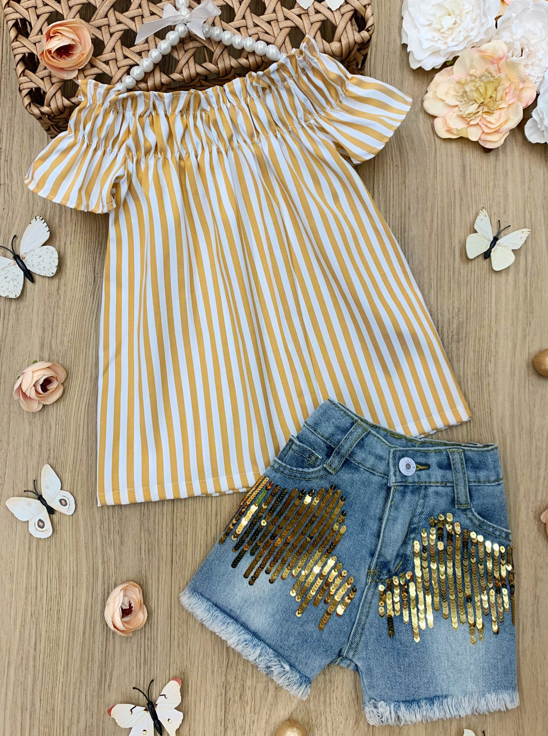 Toddler Spring Clothes | Girls Striped Top & Sequin Denim Short Set