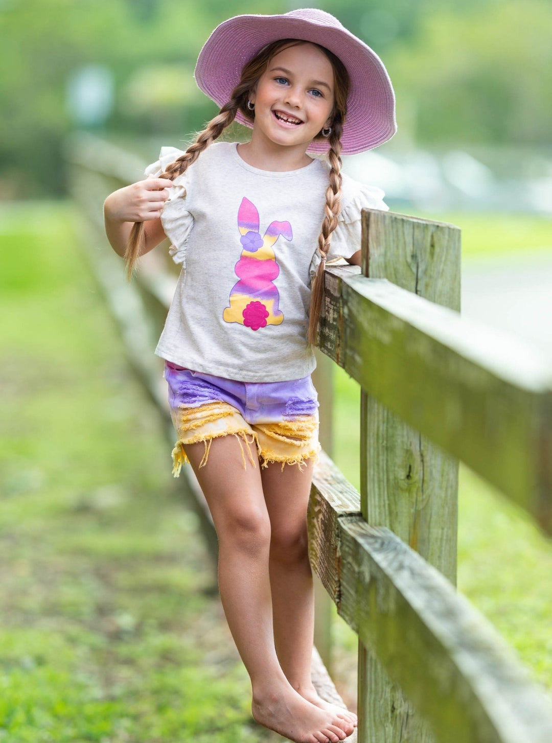 girls Easter grey top with colorful bunny print and distressed tie-dye denim shorts 2T-10Y