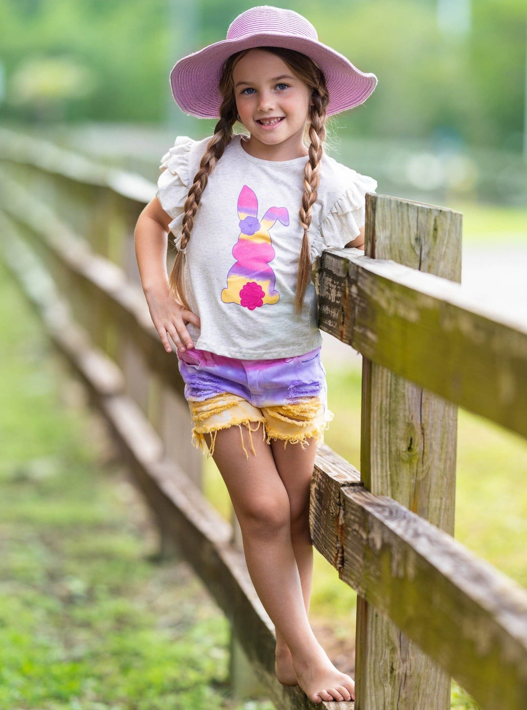 girls Easter grey top with colorful bunny print and distressed tie-dye denim shorts 2T-10Y