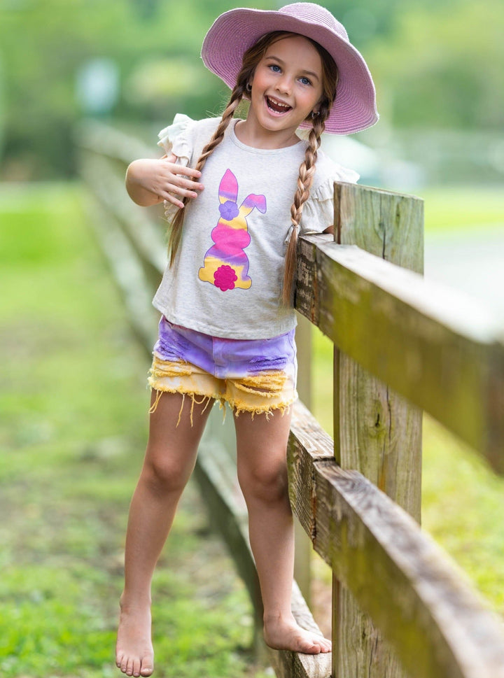 girls Easter grey top with colorful bunny print and distressed tie-dye denim shorts 2T-10Y