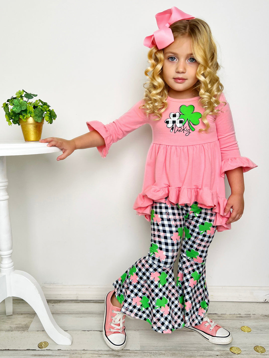 Mia Belle Girls St. Patrick's Plaid Hi-Lo Tunic And Flared Legging Set