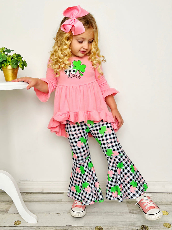 Mia Belle Girls St. Patrick's Plaid Hi-Lo Tunic And Flared Legging Set