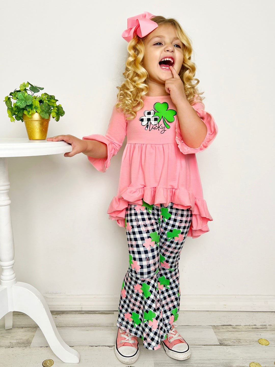 Mia Belle Girls St. Patrick's Plaid Hi-Lo Tunic And Flared Legging Set