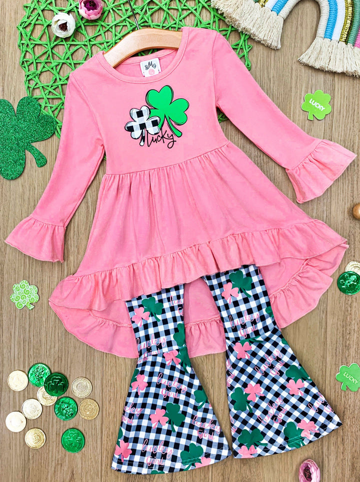 Mia Belle Girls St. Patrick's Plaid Hi-Lo Tunic And Flared Legging Set