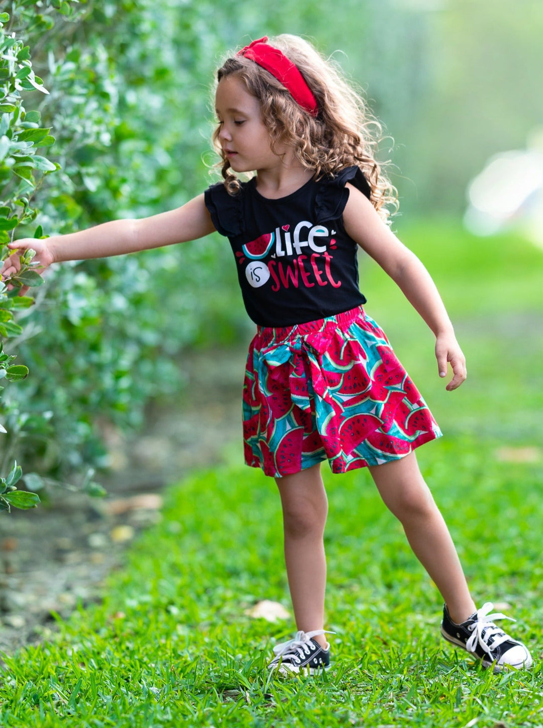 Girls Spring black top with "Life is Sweet"print and skirt with watermelon print 2T-10Y