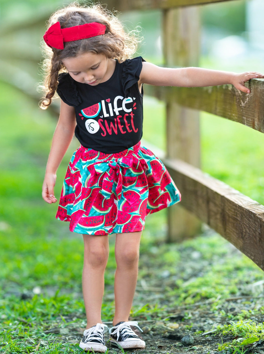 Girls Spring black top with "Life is Sweet"print and skirt with watermelon print 2T-10Y