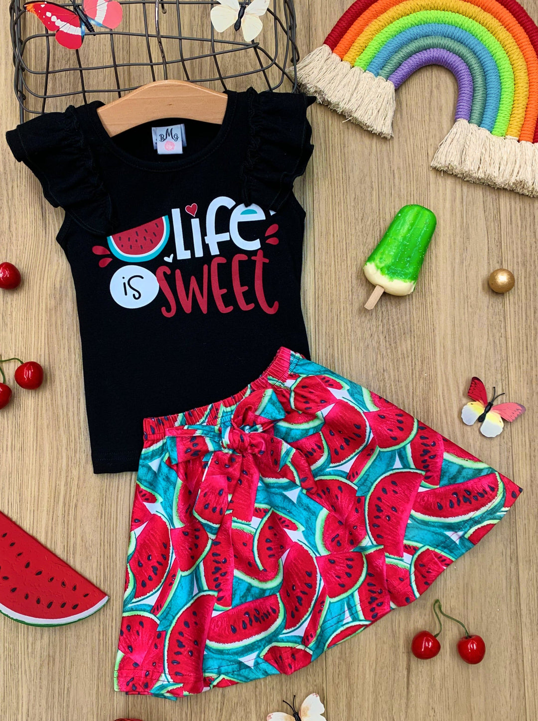 Girls Spring black top with "Life is Sweet"print and skirt with watermelon print 2T-10Y