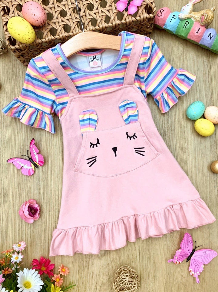 Mia Belle Girls Striped Bunny Overall Dress | Easter Casual Dresses