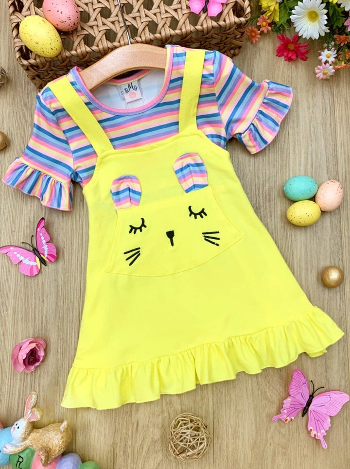 Mia Belle Girls Striped Bunny Overall Dress | Easter Casual Dresses