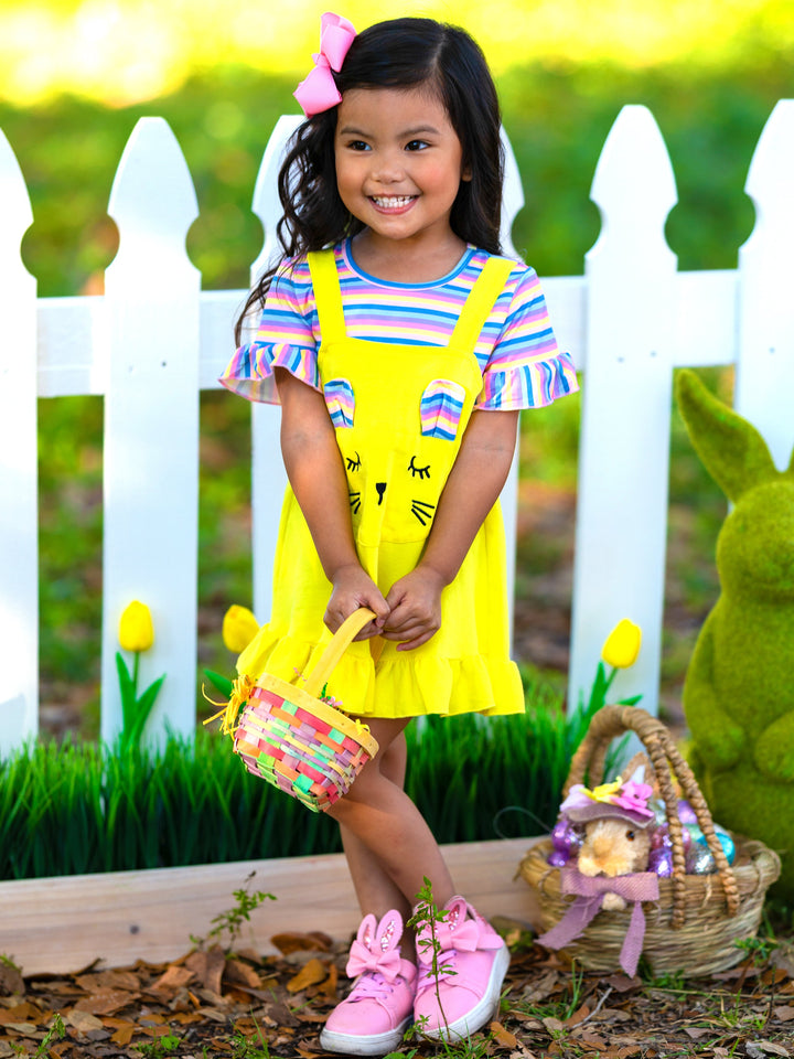 Mia Belle Girls Striped Bunny Overall Dress | Easter Casual Dresses